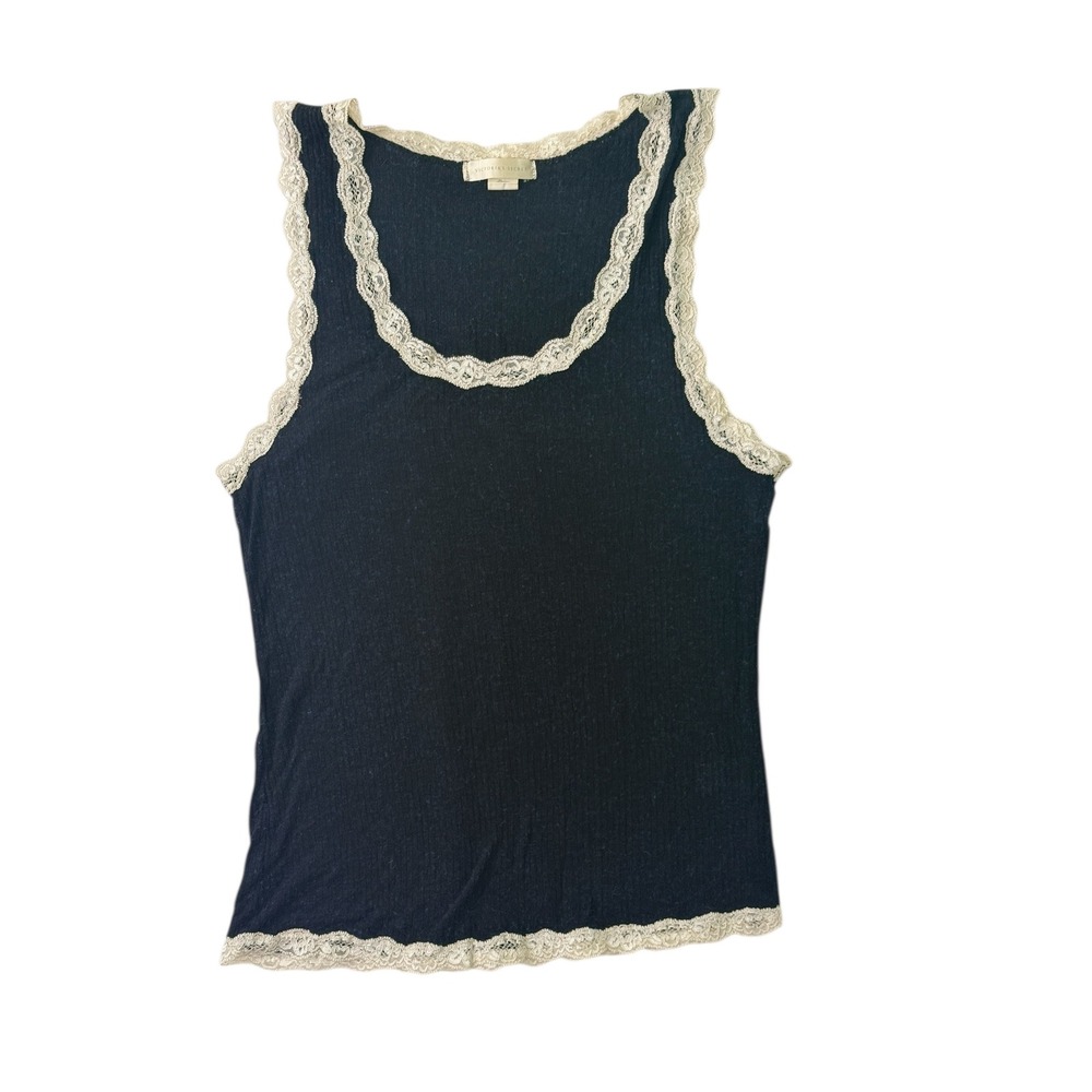 Victoria's Secret Lace Trim Ribbed Tank Top Navy‎ Blue Angora Blend Large